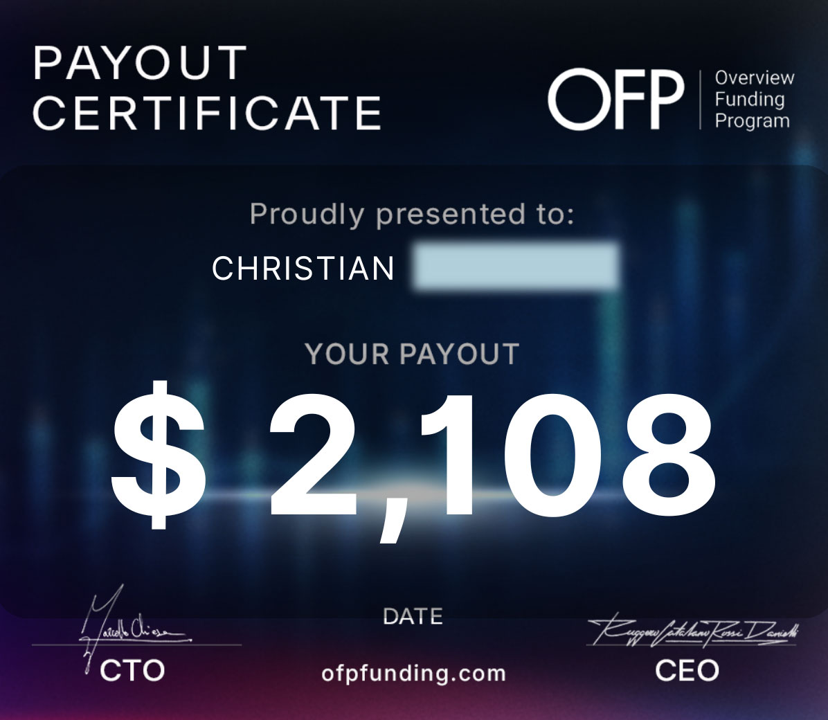 Payout certificate — $2,108