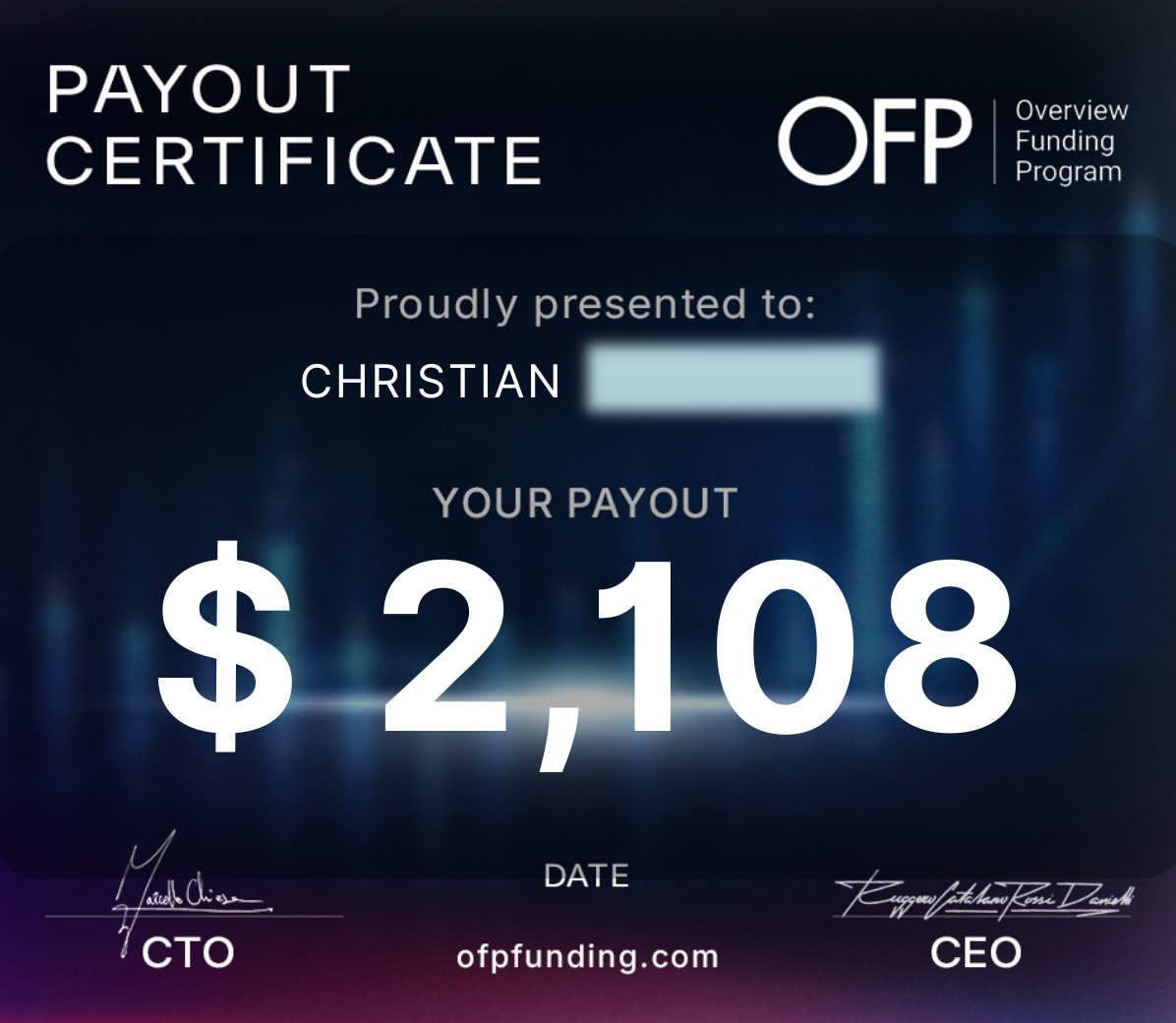 Payout certificate — $2,108