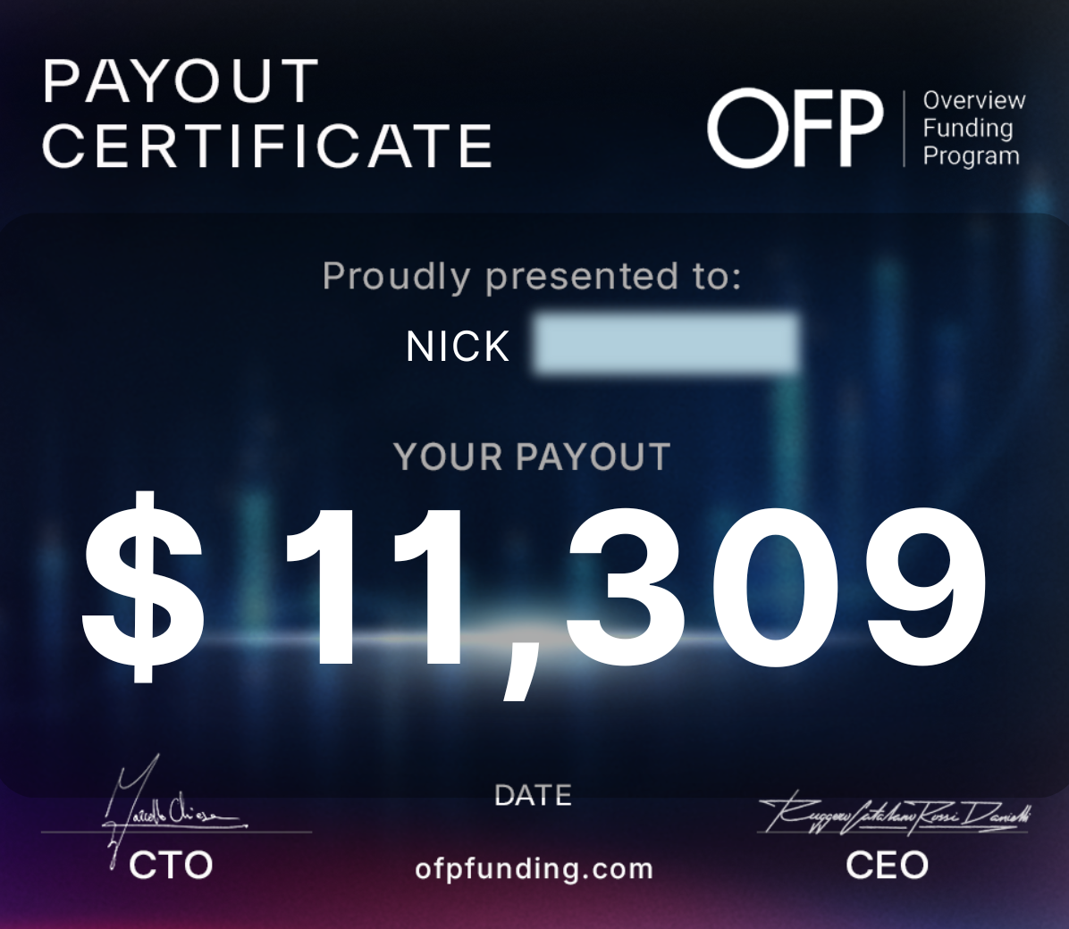 Payout certificate — $11,309