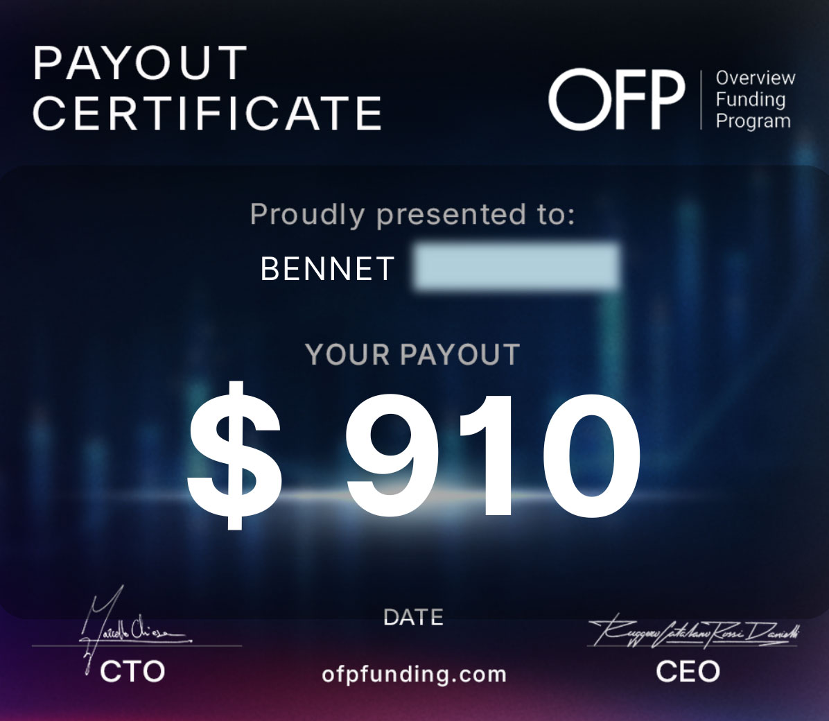 Payout certificate — $910