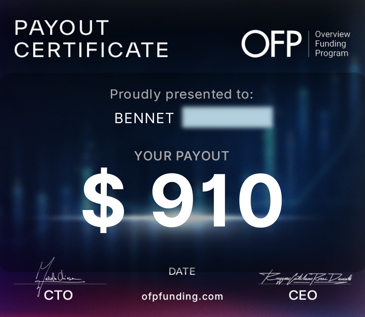 Payout certificate — $910