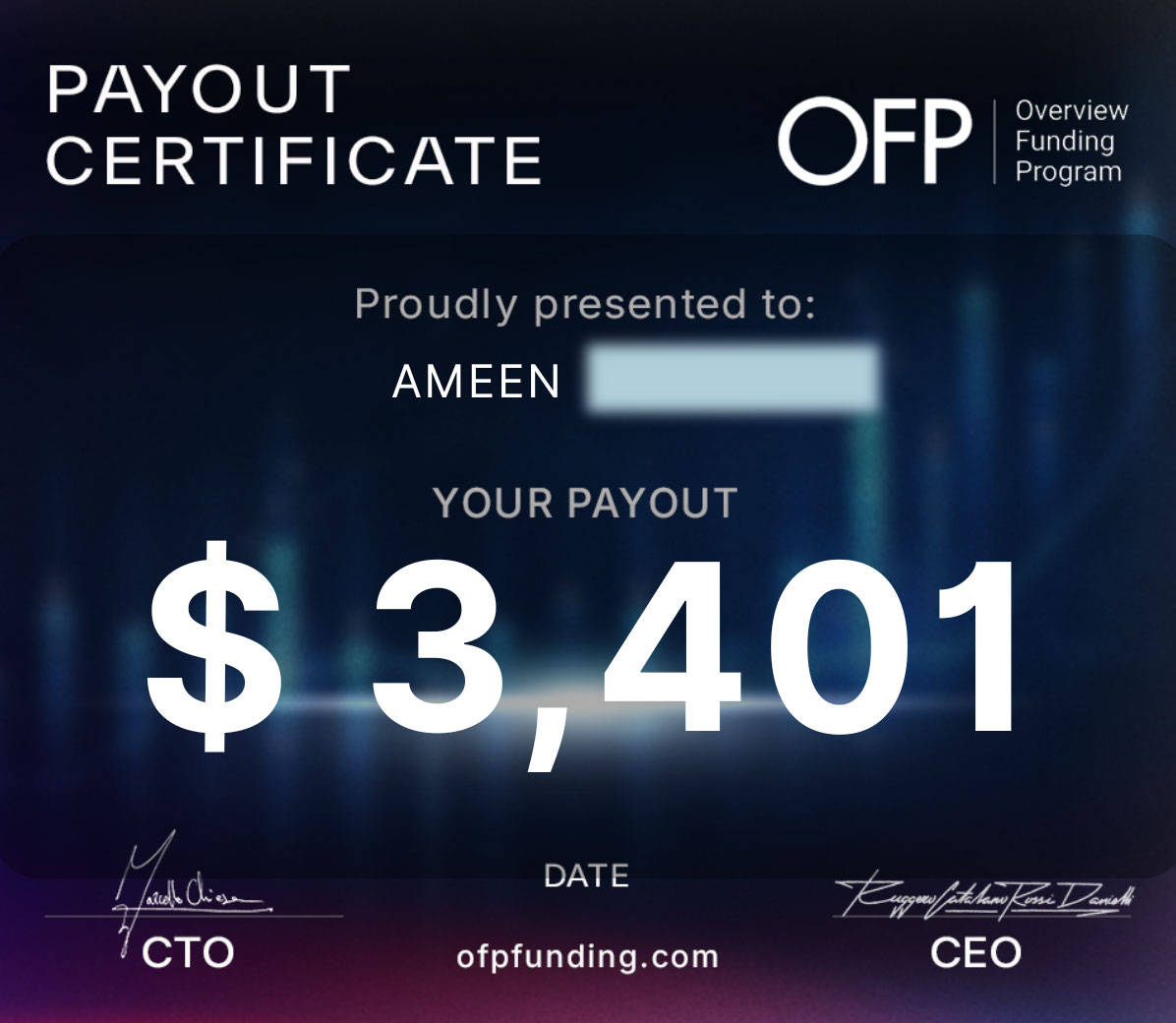 Payout certificate — $3,401