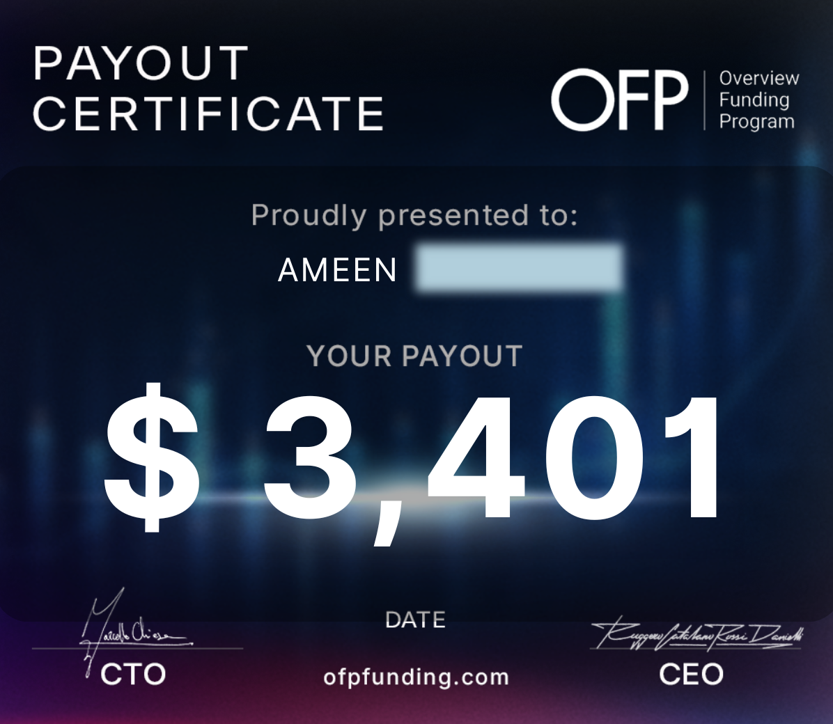 Payout certificate — $3,401